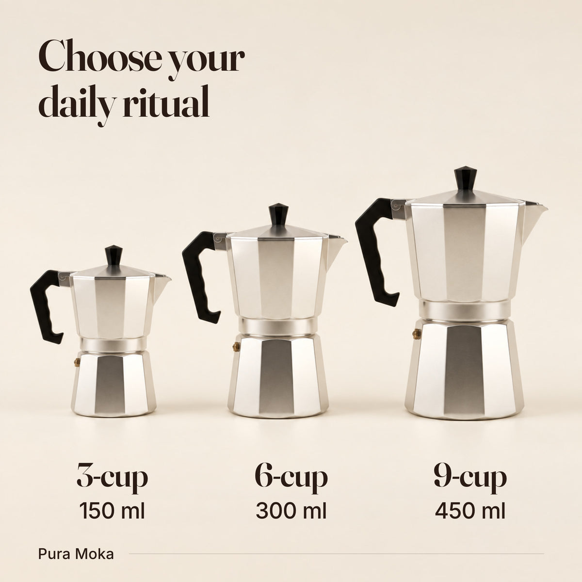 An illustrative Pura Moka aluminum pot size lineup: 3-cup 150 ml, 6-cup 300 ml, and 9-cup 450 ml nominal capacities.