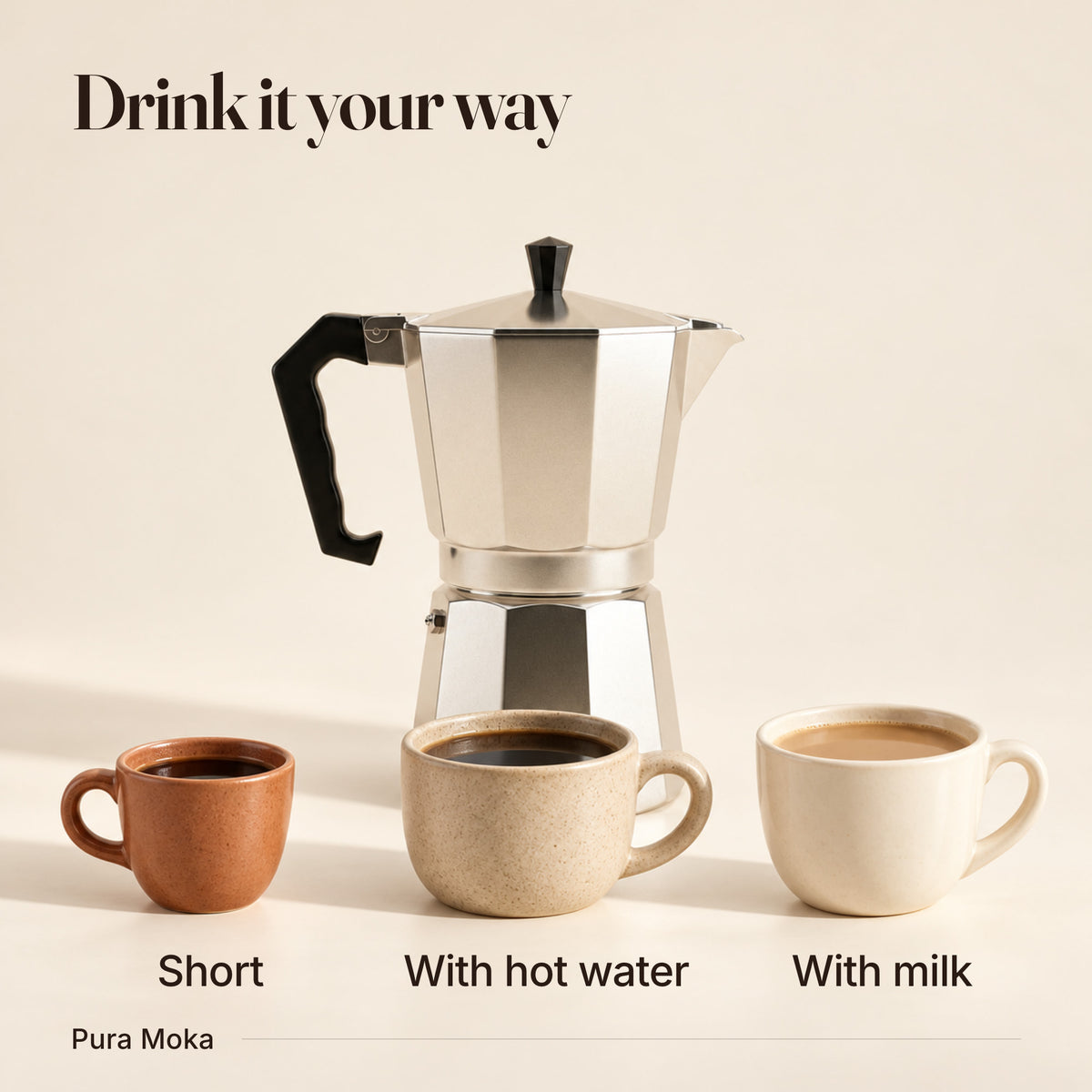 One aluminum moka pot behind three coffee cups: short coffee, coffee with hot water, and coffee with milk.