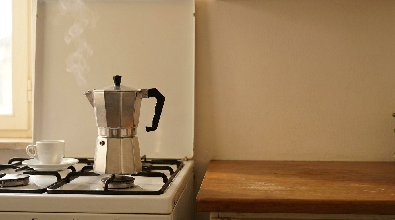 Aluminum moka pot on a gas stove next to a cup of coffee