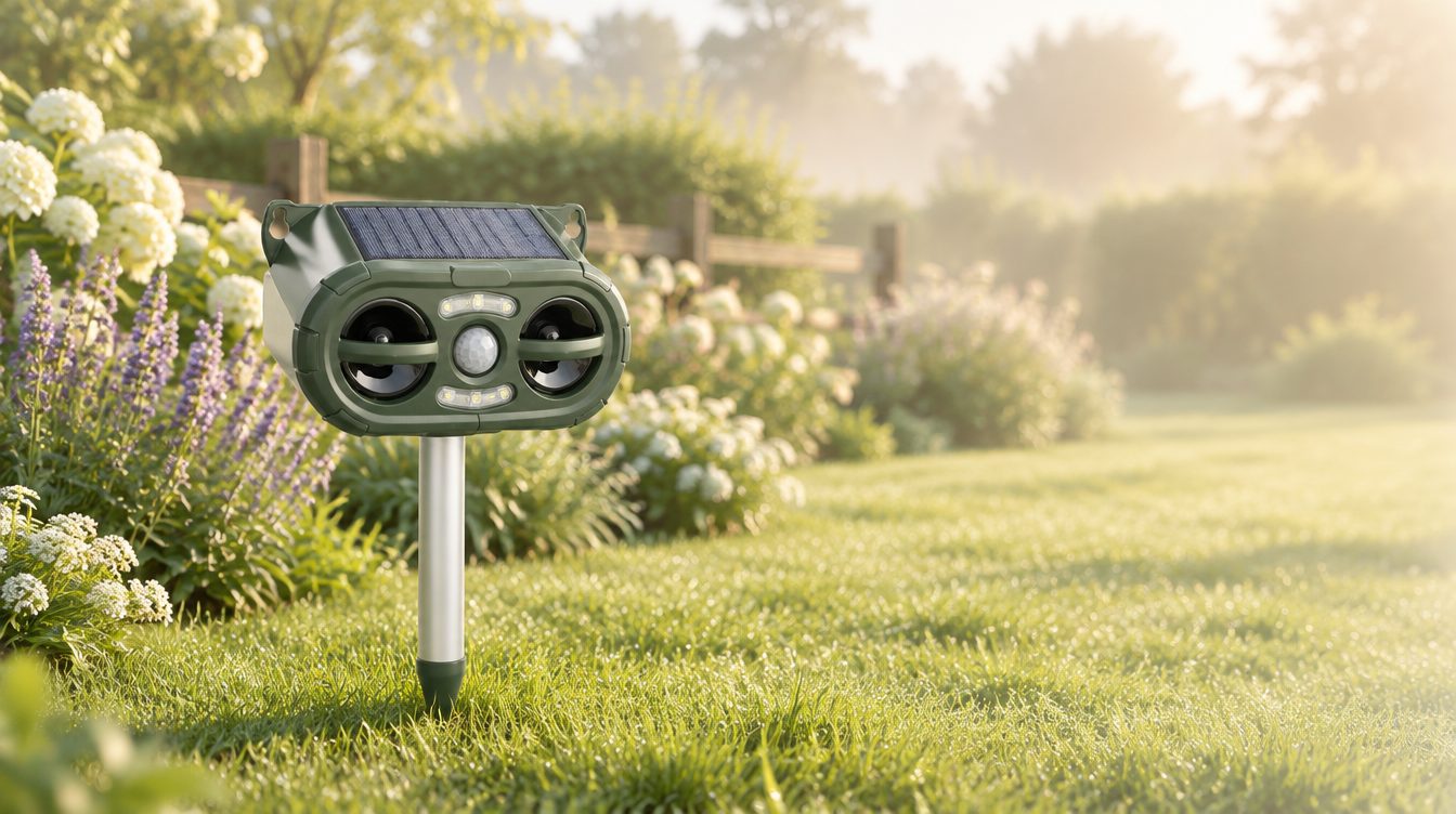 Motion-activated ultrasonic animal repeller staked into a garden lawn at sunrise